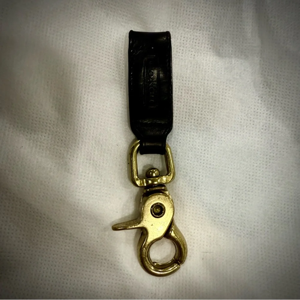 Coach Vintage Black Leather Trigger Brass Snap Keychain